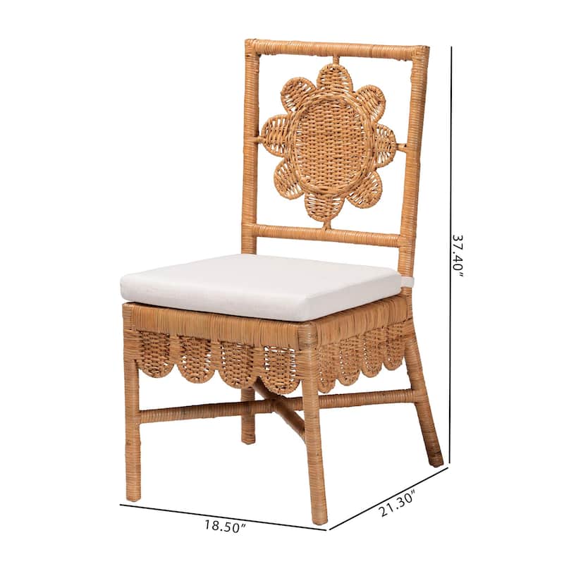 Abagale Natural Rattan Dining Chair - Handwoven Wicker Accent Side Chair with Floral Back and Removable Cushion