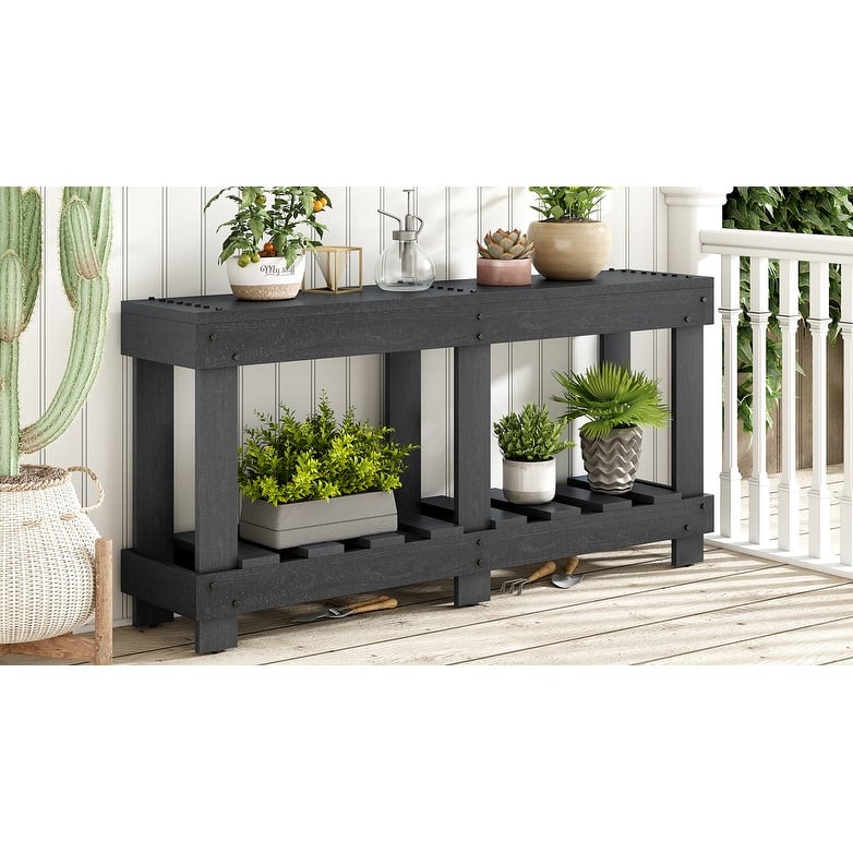 U_Style 62.9" Entryway Table - Fir Wood with Grain,6 Reinforced Legs&4.5" Thick Desktop,Metal Rivet Decor&Plank Under-Shelf
