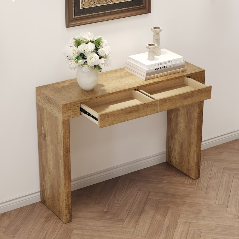 Roomfitters Modern Bar Table with Storage and Wood Grain Finish, 50 Inch Desk or Console - Oak