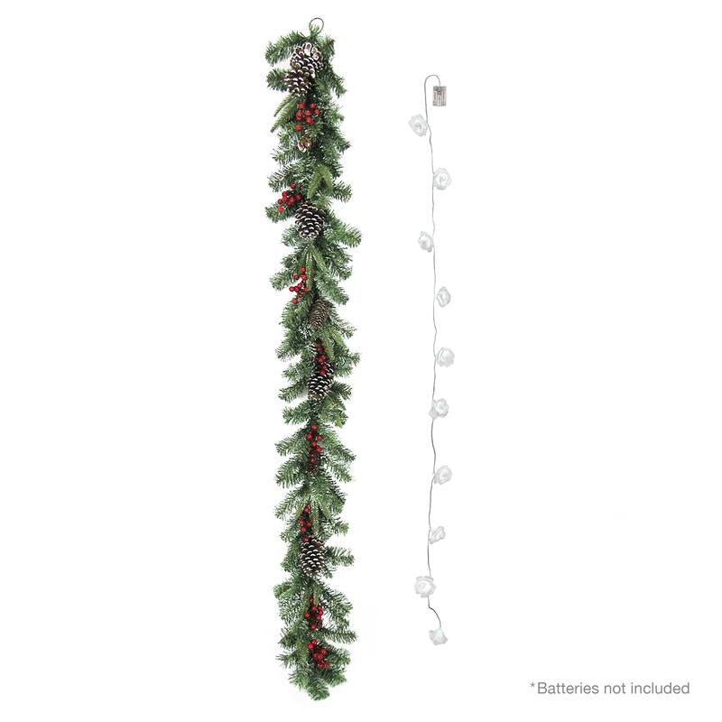6ft Artificial Mixed Frosted Berry Pine Cone & Pine Christmas Garland with Rose String Light Set - 72" L x 9" W x 6" DP