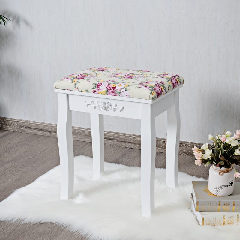 Costway Vanity Wood Dressing Stool Padded Chair Makeup Cushion White - White