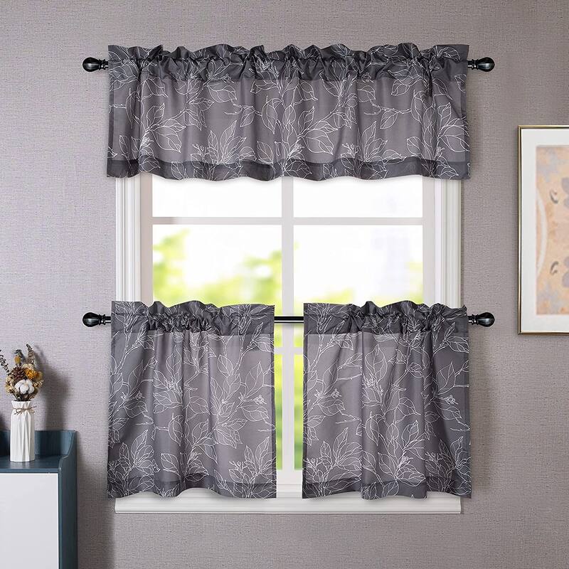 DriftAway Ryan Sketch Floral Branch Leaves Pattern Curtain Set - 58''W X 14''L+ 29''W X 24''Lx2 - Grey