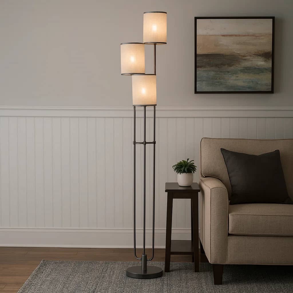 Zen 67 Inch Floor Lamp, 3 Drum Fabric Shades, Round Metal Base, Gray