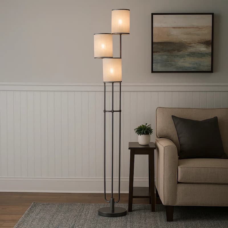 Zen 67 Inch Floor Lamp, 3 Drum Fabric Shades, Round Metal Base, Gray