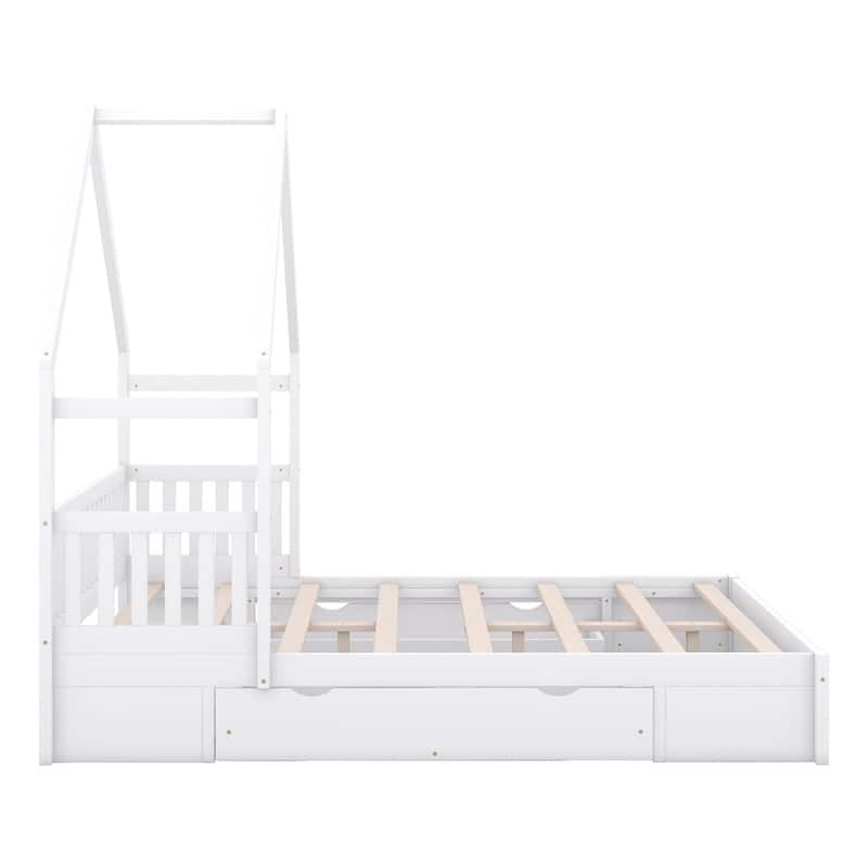 Queen Size House Shape Platform Bed Frame Safety Guardrail Storage Drawers Kids Bed