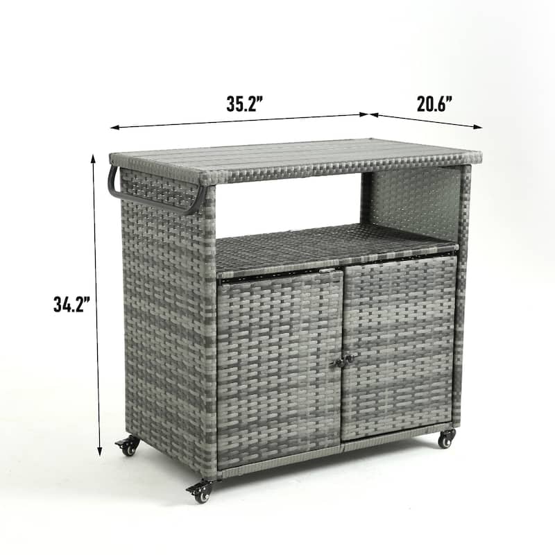 Outdoor Wicker Bar Cart with Glass Countertop, Rolling Rattan Beverage Bar Counter Table on Wheels for Porch, Backyard, Garden