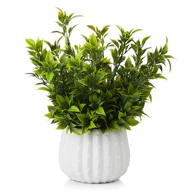Enova Home 12 inches Artificial Mixed Greenery Foliage Fake Plants in White Ceramic Pot for Home Garden Decoration - N/A
