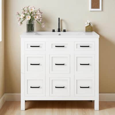 36" White Bathroom Vanity with Resin Sink, 4 Drawers & 2-Door Storage, Adjustable Shelves, Soft-Close Hinges