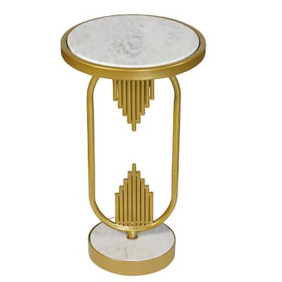 12 in. Gold and White Round Faux Marble End Table, Sturdy Build End Side Table for Living Rooms