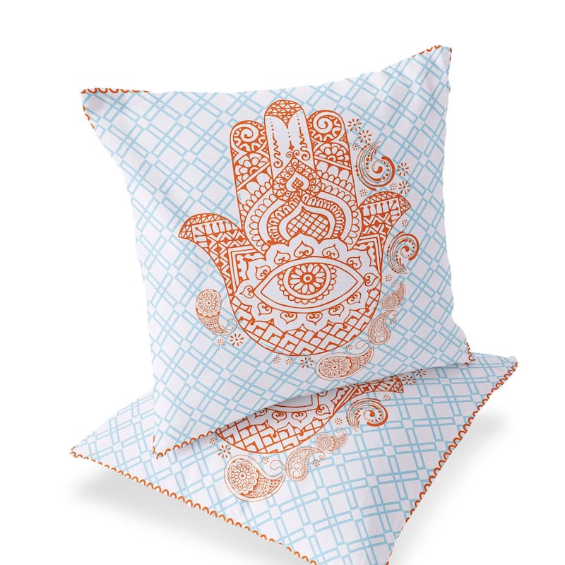HomeRoots Set of Two 16" X 16" Blue and Orange Blown Seam Hamsa Indoor Outdoor Throw Pillow - 16.00' X '16.00' X '5.00