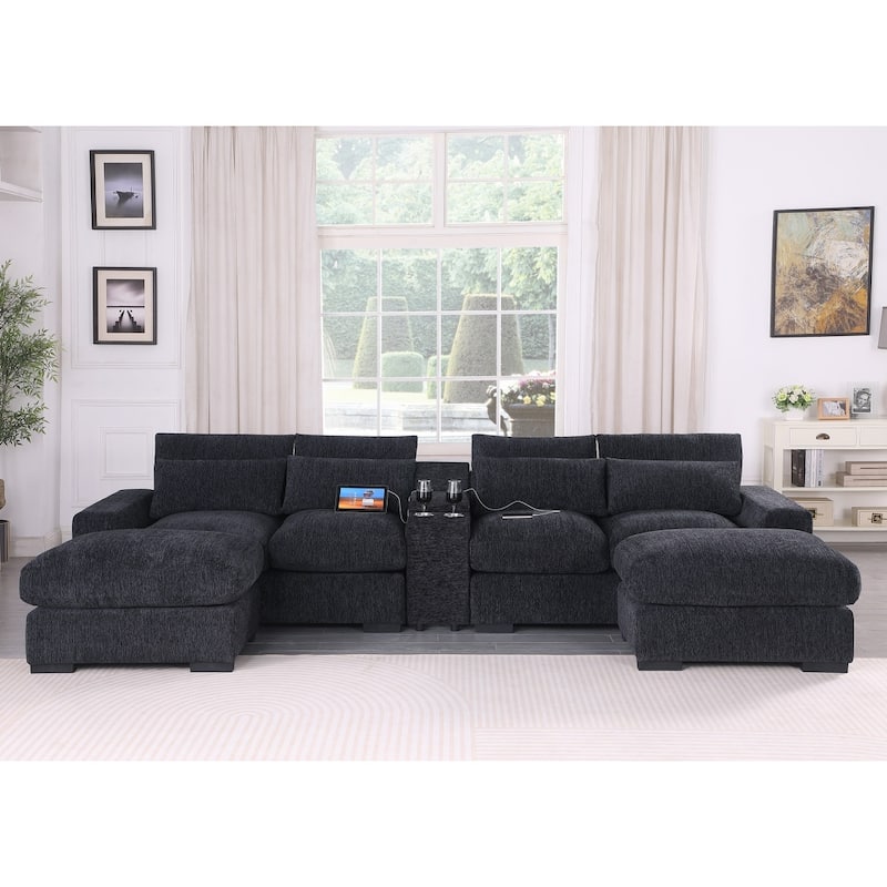 Modern Modular Sectional Sofa with Ottomans and Built-in Console, Cupholders - Dark Grey