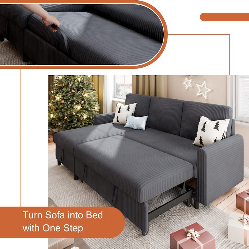 Futzca 3-in-1 Convertible Corduroy Sofa Bed with Storage, L-Shaped Sectional Couch