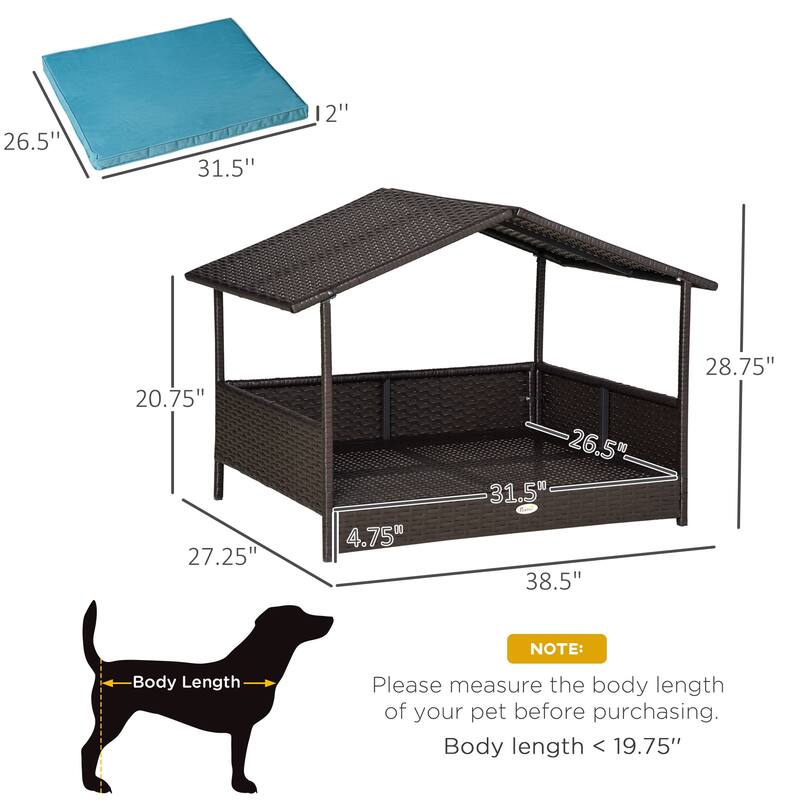 Wicker Dog House Outdoor with Canopy, Rattan Dog Bed with Water-resistant Cushion, for Small and Medium Dogs
