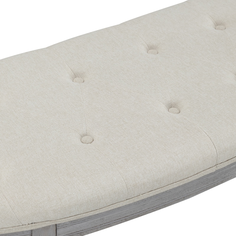 Coastal Tufted Beige Upholstered Wood Leg Bench