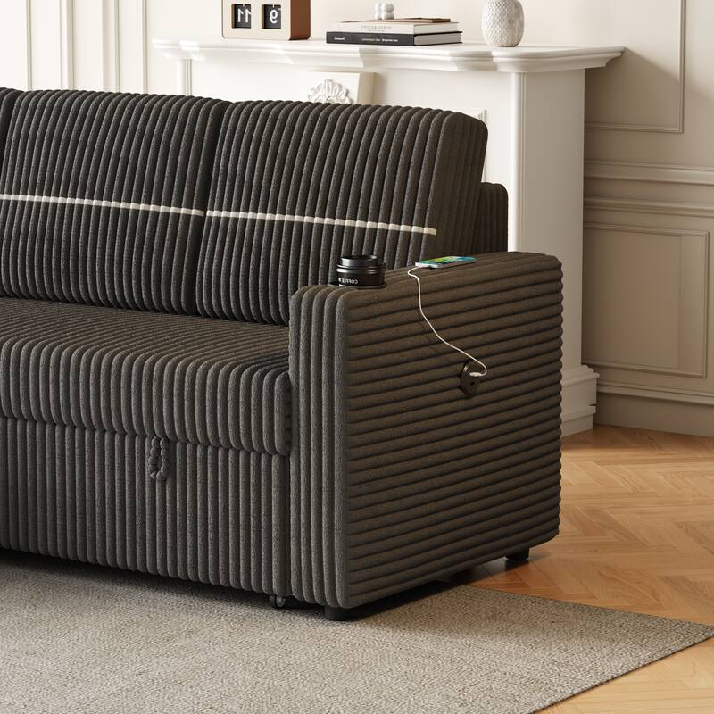 Corduroy 85" Sleeper Sofa Bed, 3-Seater with Storage Chaise, USB Port