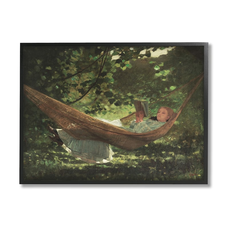 Stupell Girl Reading Book Hammock Classic Vintage Painting Framed Wall Art, Design by Lettered and Lined - Green - 20 x 16 - Black