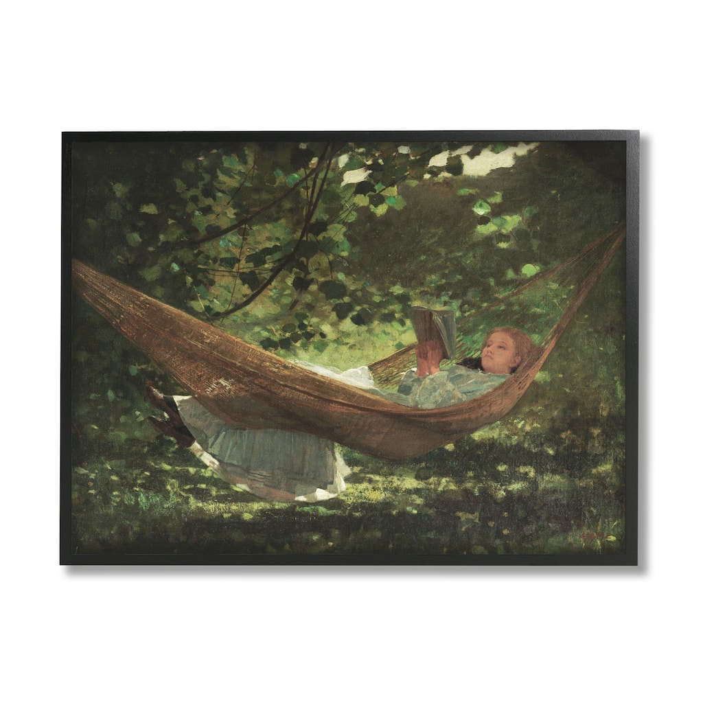 Stupell Girl Reading Book Hammock Classic Vintage Painting Framed Wall Art, Design by Lettered and Lined - Green