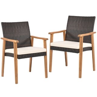 Set of 2 PE Rattan Outdoor Dining Chairs with Cushions and Wood Arms ...