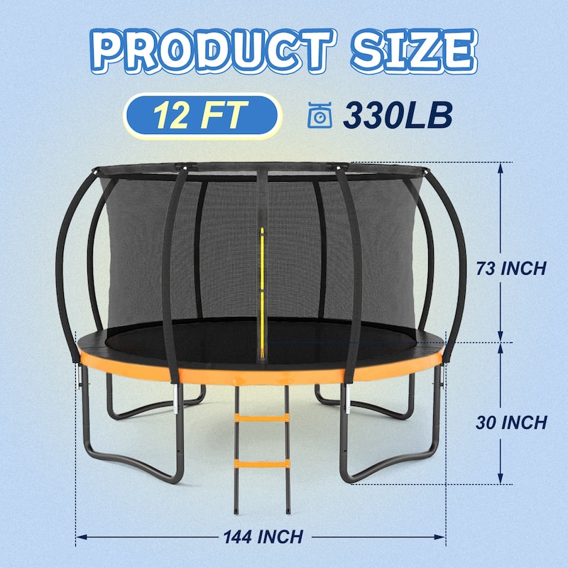12FT Outdoor Big Trampoline Inner Safety Enclosure Net, Ladder, PVC Spring Cover Padding, For Kids