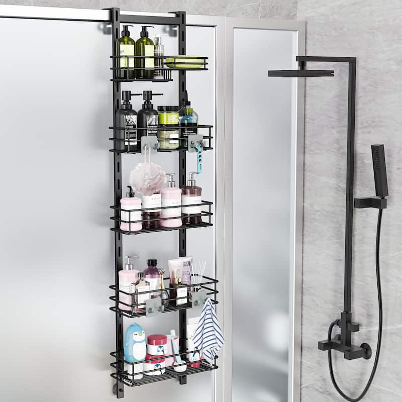 Over the Door Shower Caddy Adjustable 5 Tier Black,Bathroom Hanging Organizer Shelf Rustproof with 4 Hooks - Black - Black