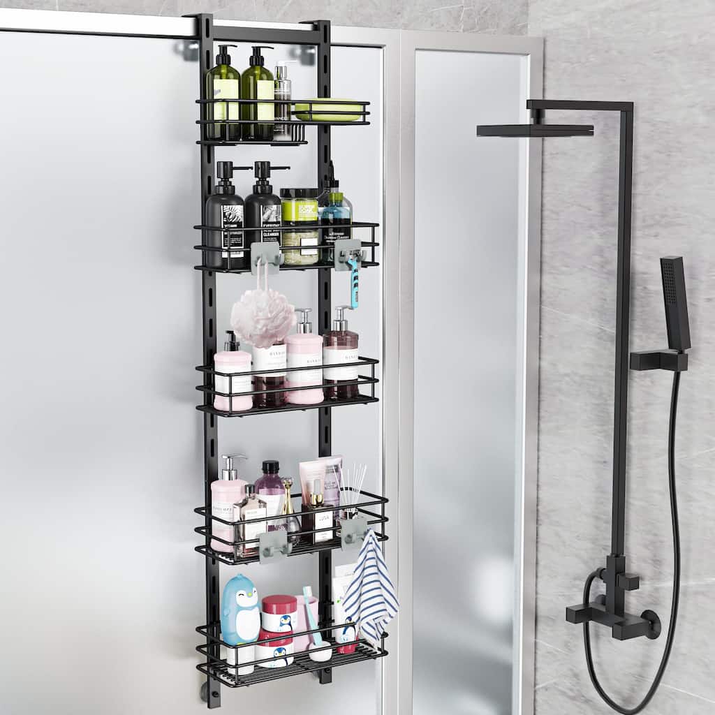 Over the Door Shower Caddy Adjustable 5 Tier Black,Bathroom Hanging Organizer Shelf Rustproof with 4 Hooks - Black