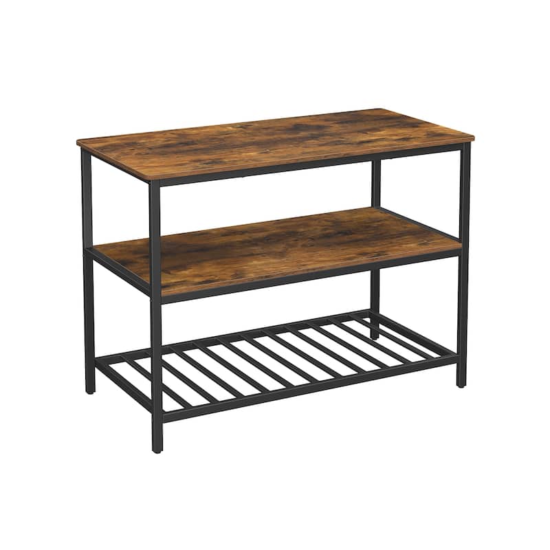 Black Metal Kitchen Shelf with Large Wooden Worktop and Adjustable Storage Racks - Rustic Brown-Matte Black