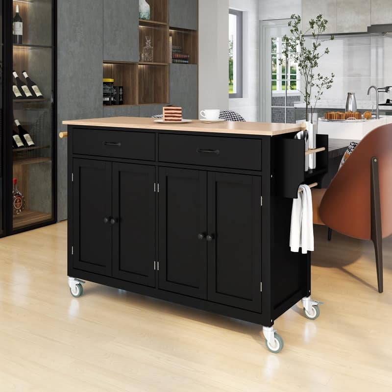 35"W Kitchen Island Cart with Solid Wood Top and Locking Wheel，4 Door Cabinet and 2 Drawers，Spice Rack, Towel Rack and Handle
