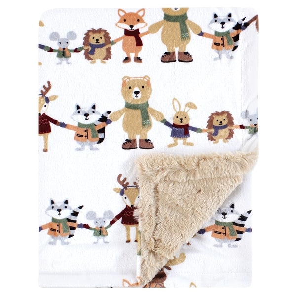 slide 1 of 1, Hudson Baby Plush Blanket with Furry Binding and Back, Winter Woodland Friends, One Size - Winter Woodland Friends - One Size One Size - Winter Woodland Friends