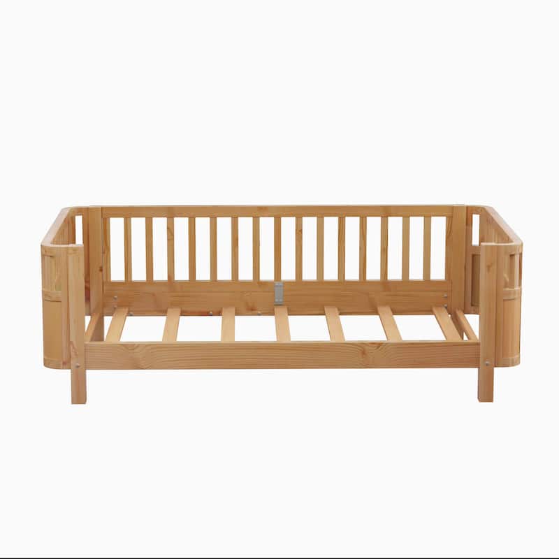 Wooden Kids Platform Bed, Low Profile Daybed Frame, Solid Wood Platform Sofa Bed Frame with Safety Rails
