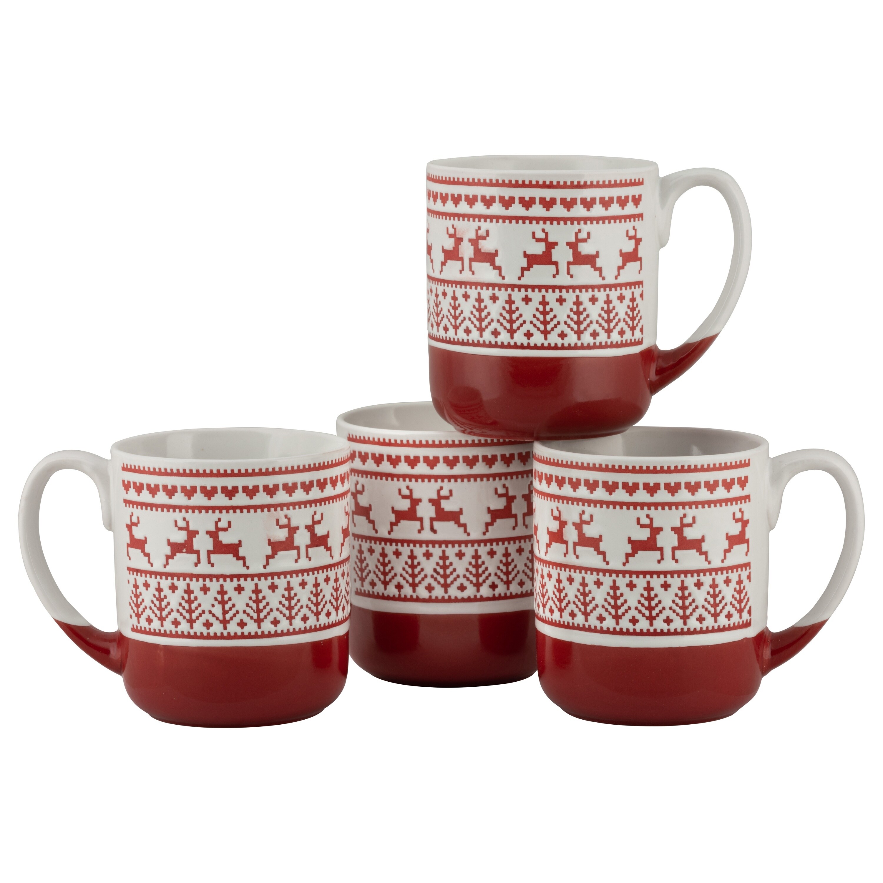 【完売品】muguet drost border tops red 10 Strawberry Street Reindeer Sweater Wax Resist Mugs, Set of 4