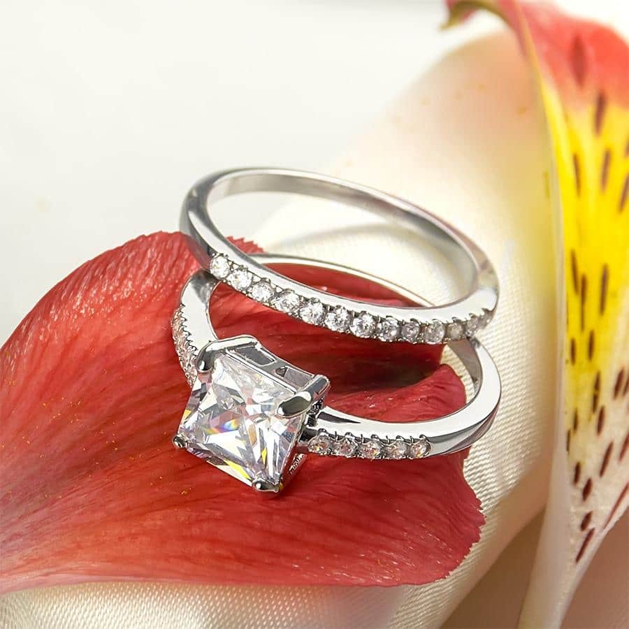 Sterling Silver CZ Princess Cut Bridal Engagement Ring Set 1.75 CTW