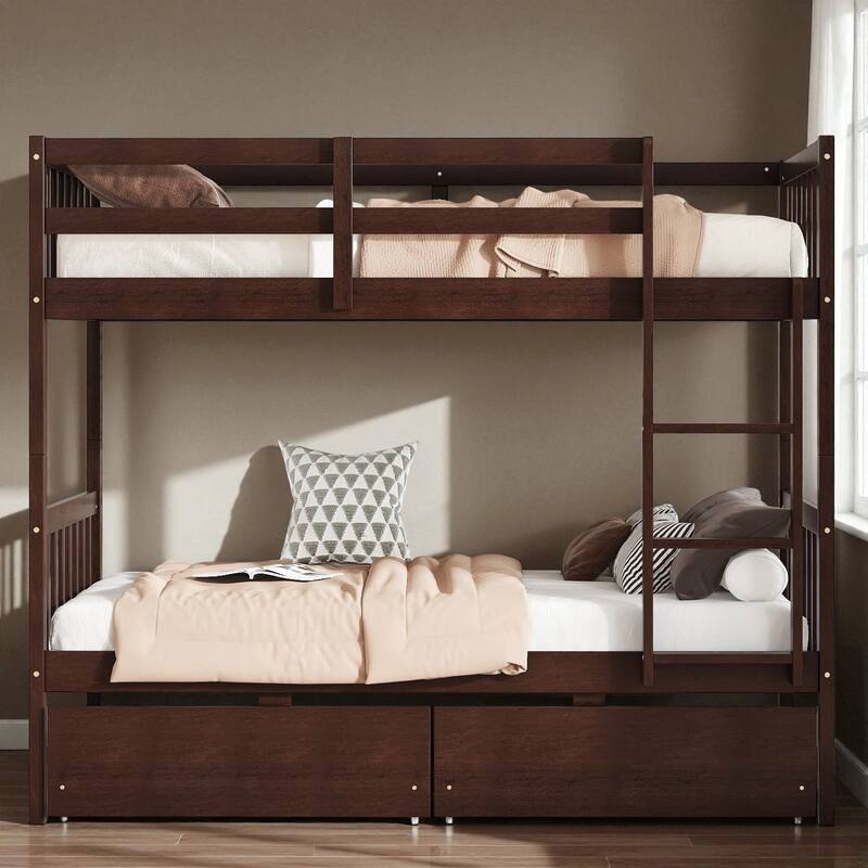 Twin Over Twin Rubber Wood Bunk Bed with 2 Drawers, Convertible into 2 Twin Beds, Ladder and Safety Guardrails
