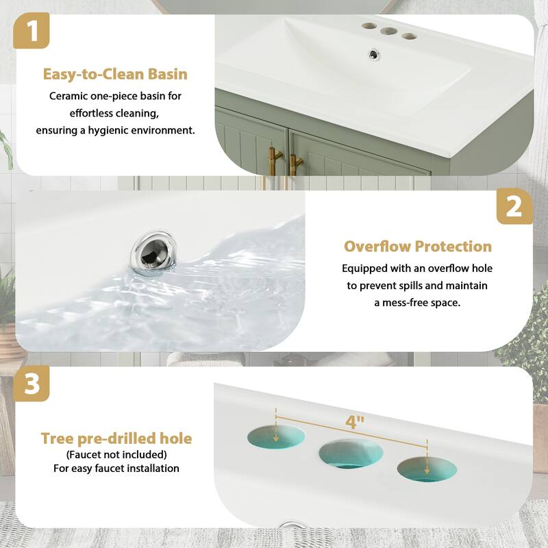 30-Inch Green Bathroom Vanity with Ceramic Sink and Versatile Storage - Ideal for Small Bathrooms