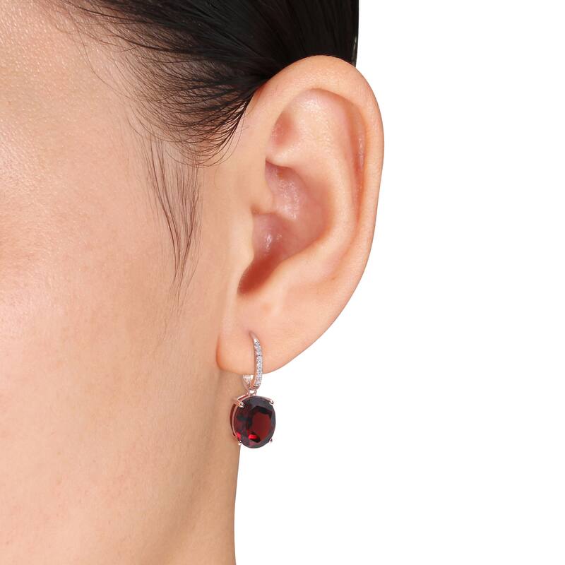 Miadora Oval-cut Garnet and 1/10ct TDW Diamond Drop Earrings in 14k Rose Gold