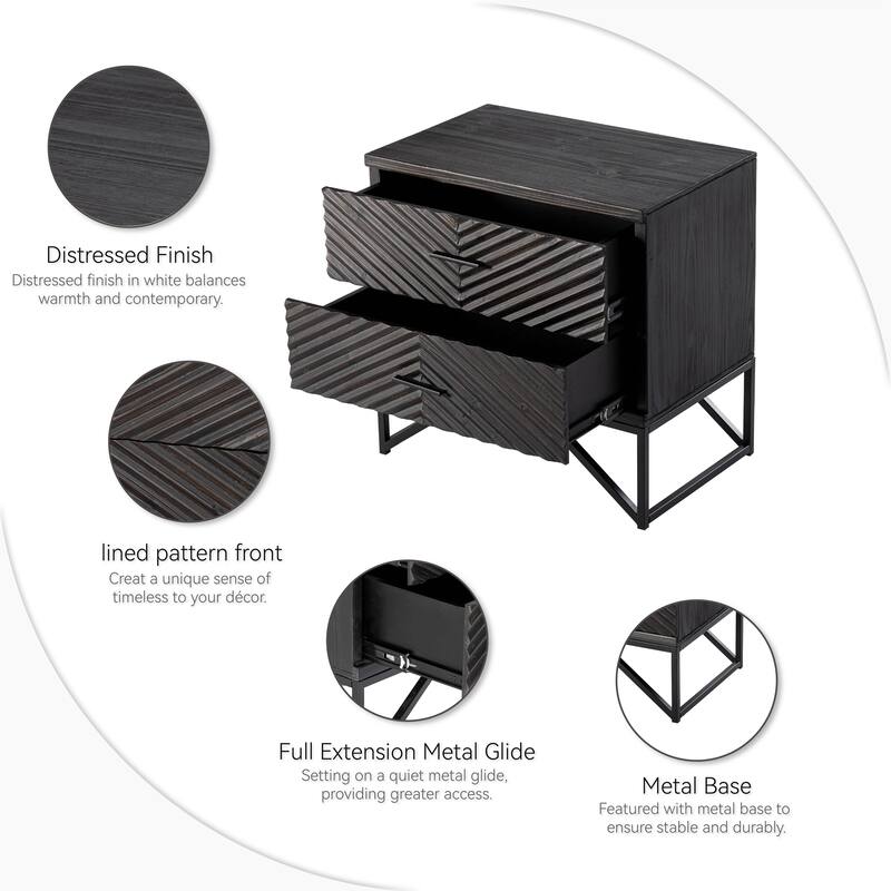 COZAYH Modern 2-Drawer Nightstand, Contemporary Line Accent End Side Table with Black Metal Base for Bedroom, Living Room