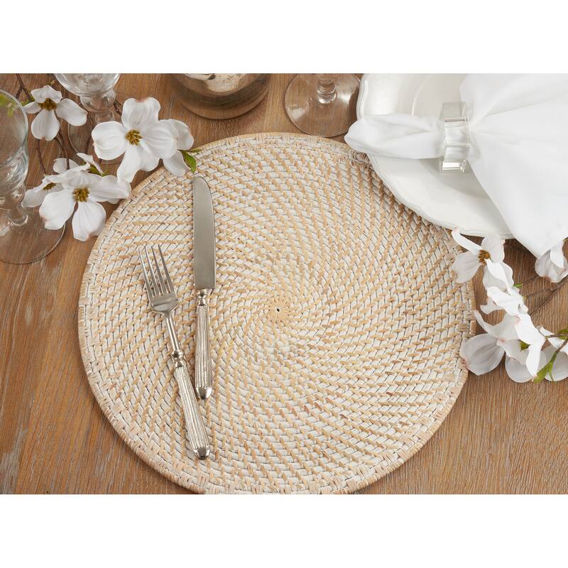Rattan Placemats With Woven Design (Set of 4) - 15"x15" - Set of 4 - White