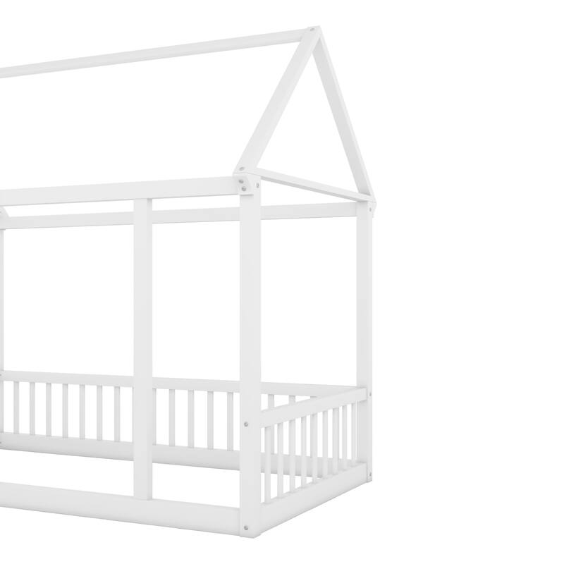 Pine Wood Floor Wooden Bed with House Roof Frame and Safety Guardrails