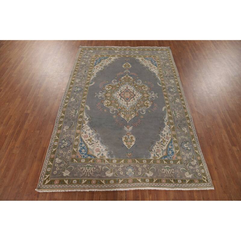Gray Tabriz Vintage Persian Area Rug Hand-Knotted Wool Carpet - 6'6" x 9'8"