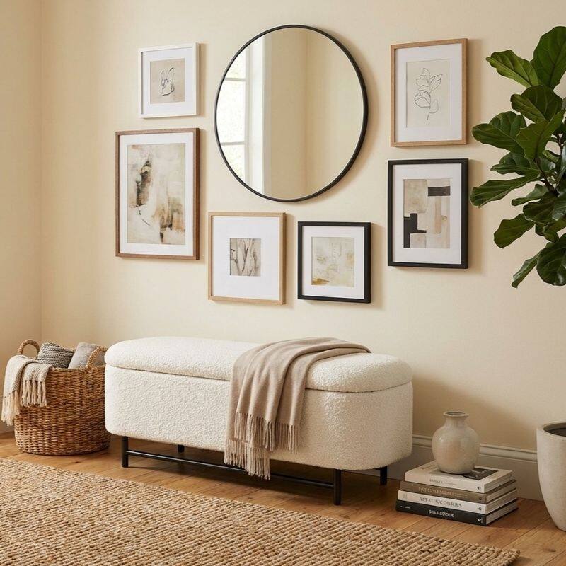 HomePop Ellipse Modern Storage Bench with Metal Legs - Cream Boucle Woven