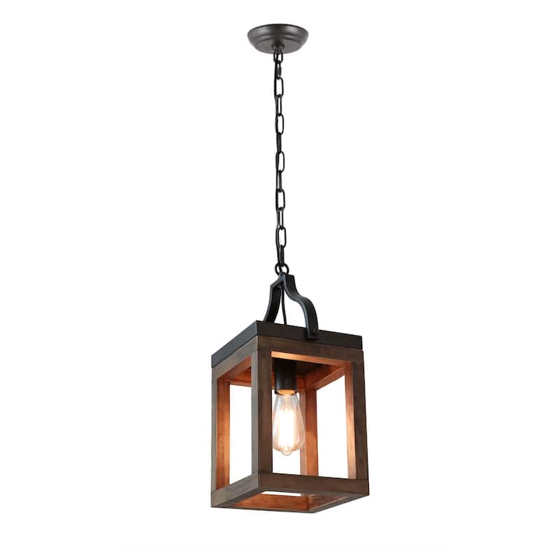 Anmytek Modern Farmhouse 1-Light Wood Square Pendant Light Cage Kitchen Island Lights for Dining Room