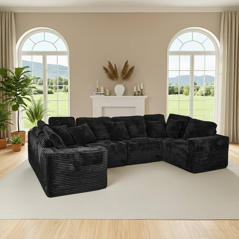 135.5" Striped Corduroy Modular U-Shaped Sectional Sofa with Pillows