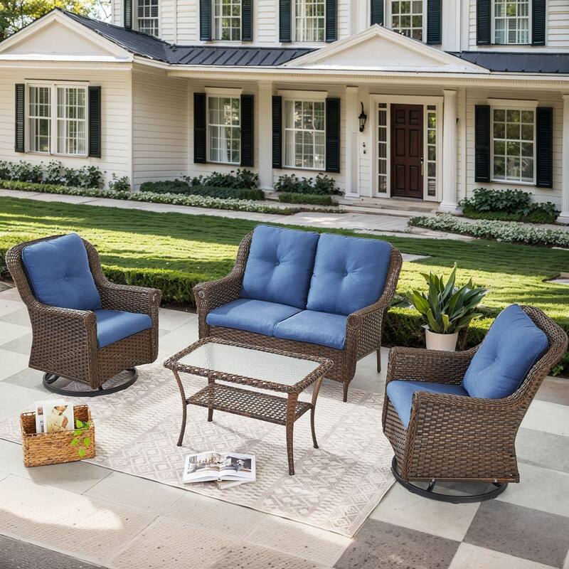 Outdoor Patio 2-Seat Sofa with 2 Swivel Chair Table - Brown - Blue