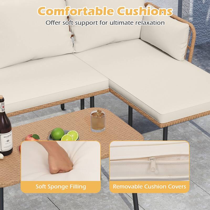 Gymax 3 Pieces L-Shaped Patio Furniture Set w/ Coffee Table Removable