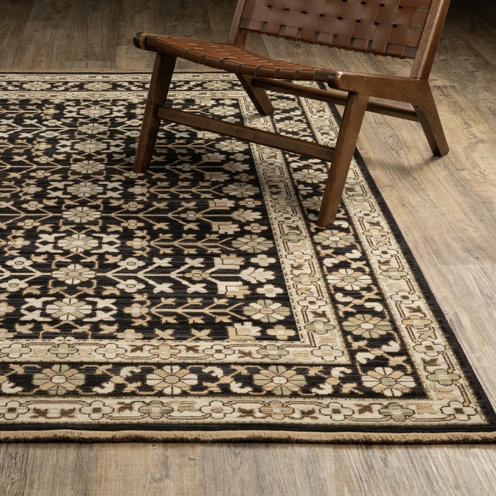 Adelaide Traditonal Bordered Floral Black/ Beige Wool Blend Area Rug