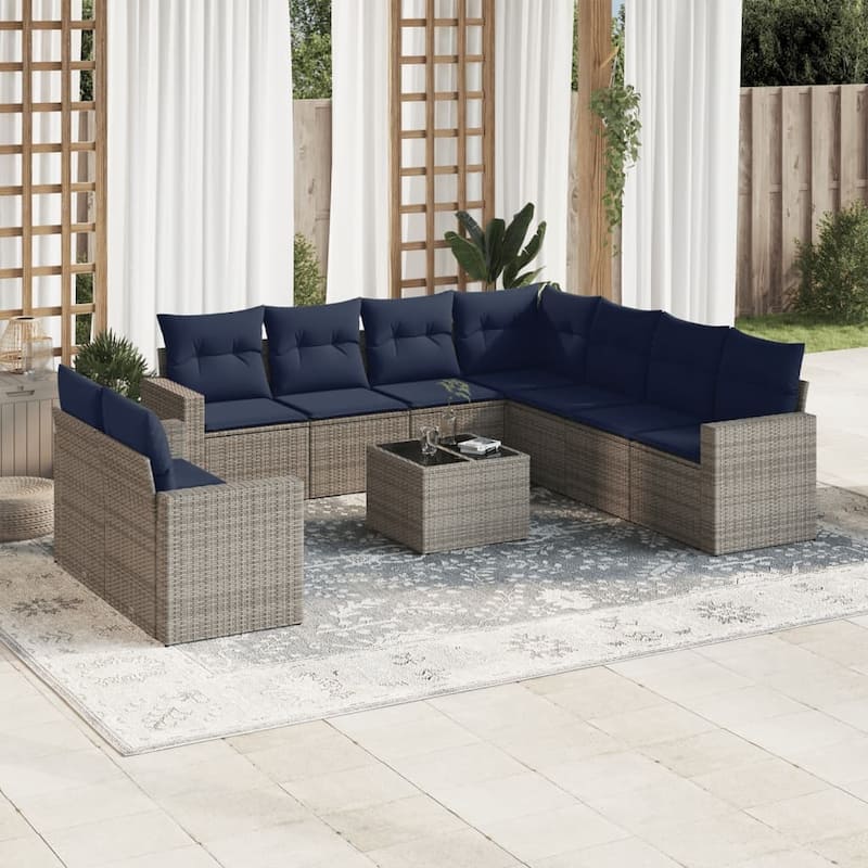 vidaXL Patio Sofa Set with Cushions Outdoor Conversation Furniture Poly Rattan - 25.8" x 24.4" x 27.2" - Beige and gray with table