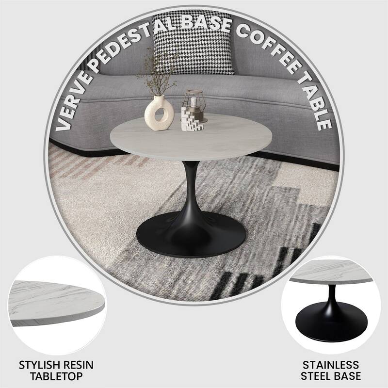 LeisureMod Verve 27" Round Coffee Table with Resin TableTop and Black Steel Base for Living & Bedroom