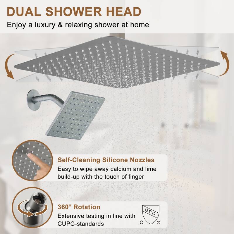 CASAINC Dual Heads High Pressure 16 Inch 4 Function Shower Head Shower System with Sliding Rod Handheld Shower and 6 Body Jet