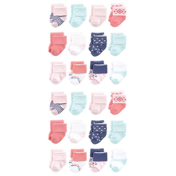 slide 1 of 1, Luvable Friends Cotton Rich Baby Terry Socks 24-Pack, Coral Mint Stripe Coral Mint Aztec - 0-6 Months