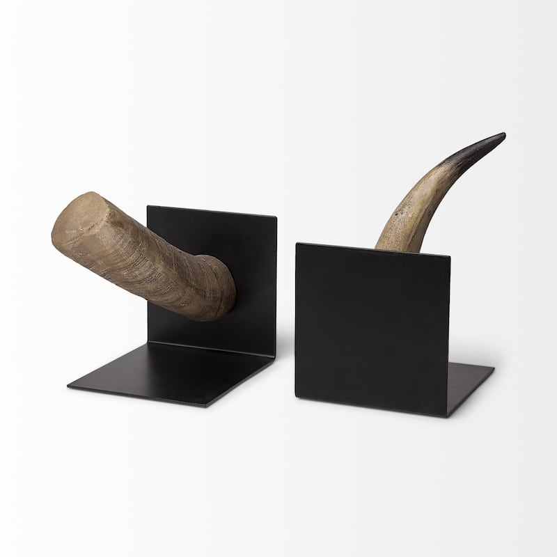 HomeRoots Set of Two 6" Brown and Black Ceramic Horn Decorative Bookends - 5.5118" H x 6.4961" W x 5.5" D