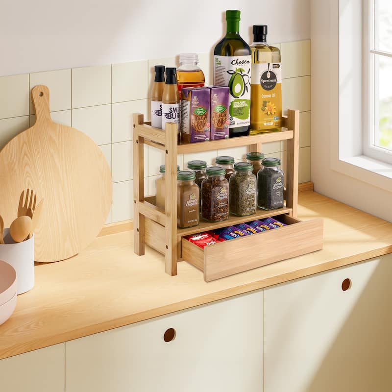 Sorbus Bamboo Bathroom Counter Organizer – 2-Tier Shelf with Hidden Drawer - 13.12" L x 6.37" W x 12.62" H